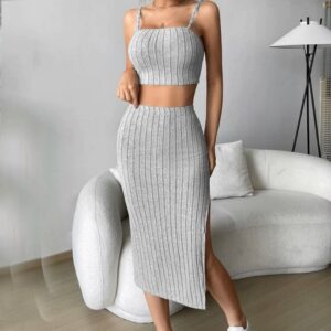 Luxury Solid Color Stretch Midriff-Baring Camisole & Hip Skirt Suit – Sleek & Chic Two-Piece Set